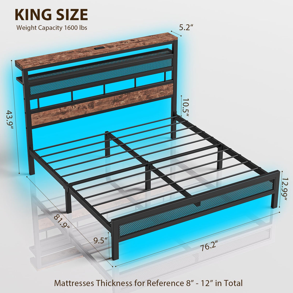 ZENBEDING LED King Size Bed Frame and 2-Tier Headboard, Metal Platform Bed Frame with Storage, Mesh King Bedframe with Charging Station, Easy Assembly and No Box Spring Needed (Rustic Brown) ZENBEDING