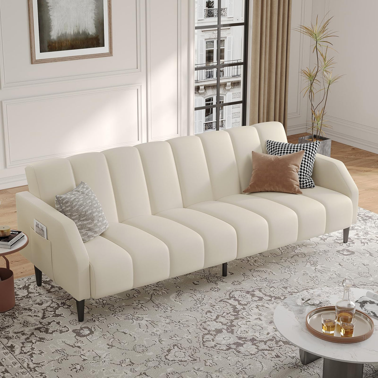 Fadware Faux Leather Couch, Convertible Futon Sofa Bed with Adjustable Backrest, Mid Century Leather Sofa Loveseat with Side Pockets& Metal Leg, Modern Leather Sleeper Sofa for Living Room Bedroom Fadware