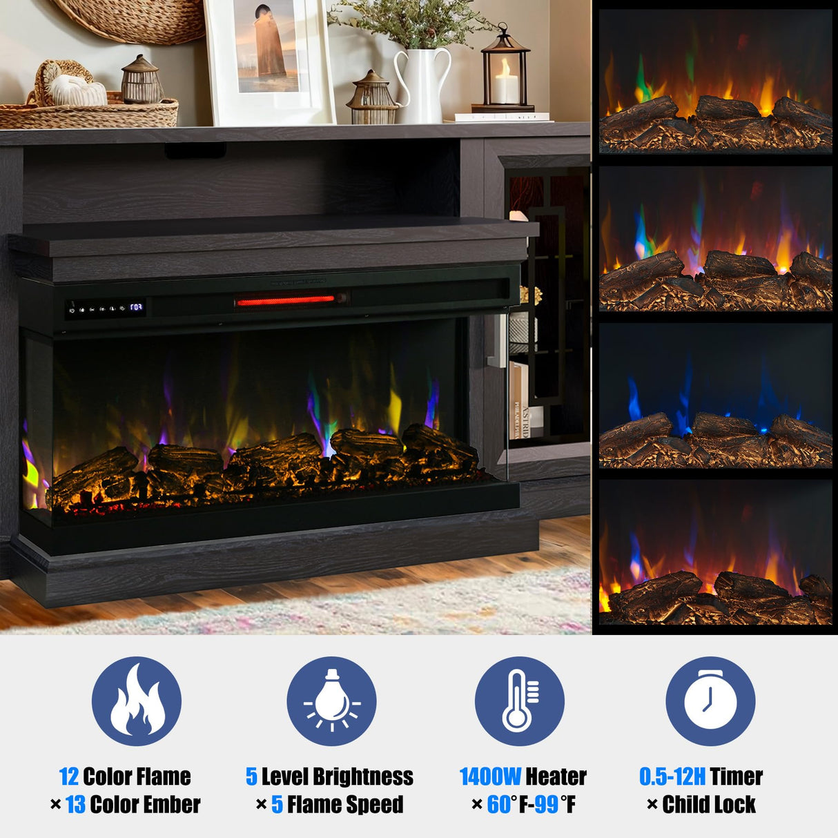 Unineo 75 Inch Electric Fireplace TV Stand, 3- Side Glass LED Modern Media Entertainment Center Console Table for TVs up to 80/85 Inch w/Adjustable Flame, 40’’ Fireplace, Highboy, Black Unineo