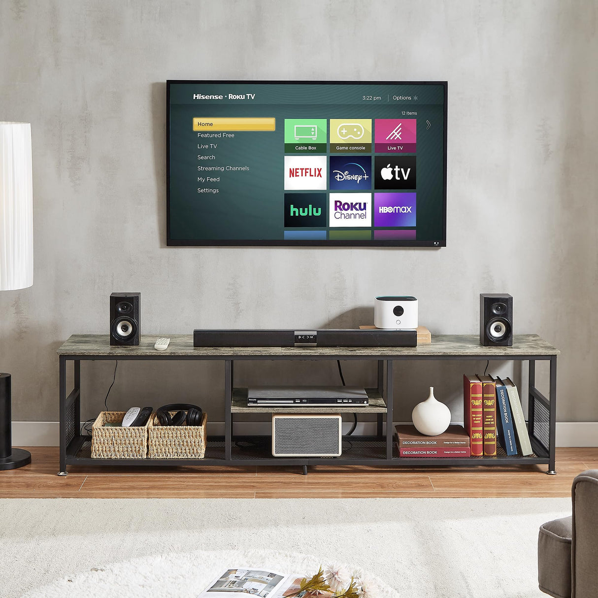 VECELO TV Stand with Power Outlets for Televisions up to 80Inch, 70" Media Entertainment Center with Charging Station 3-Tier Open Storage Shelves with Metal Frame for Living Room/Bedroom,Grey VECELO