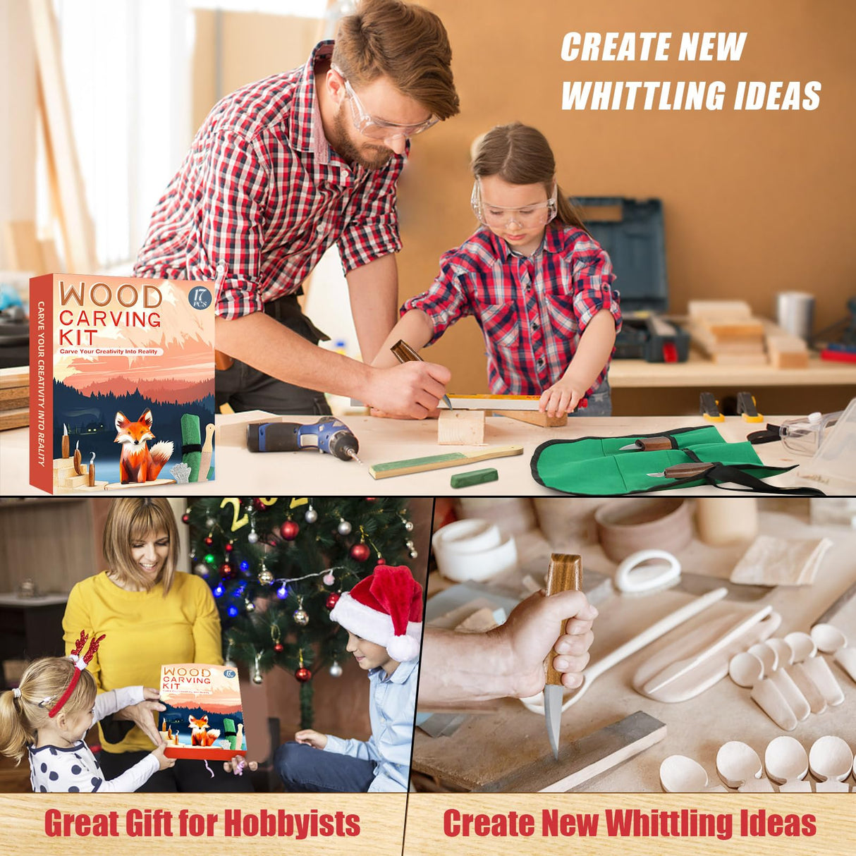 Wood Carving Kit, Whittling Kit for Beginners 17PCS Wood Carving Tools with 3PCS Whittling Knife 9PCS Basswood Blocks & Gloves & Strop Block & Polishing Compound Wood Carving Set Hobbies for Adults K KERNOWO