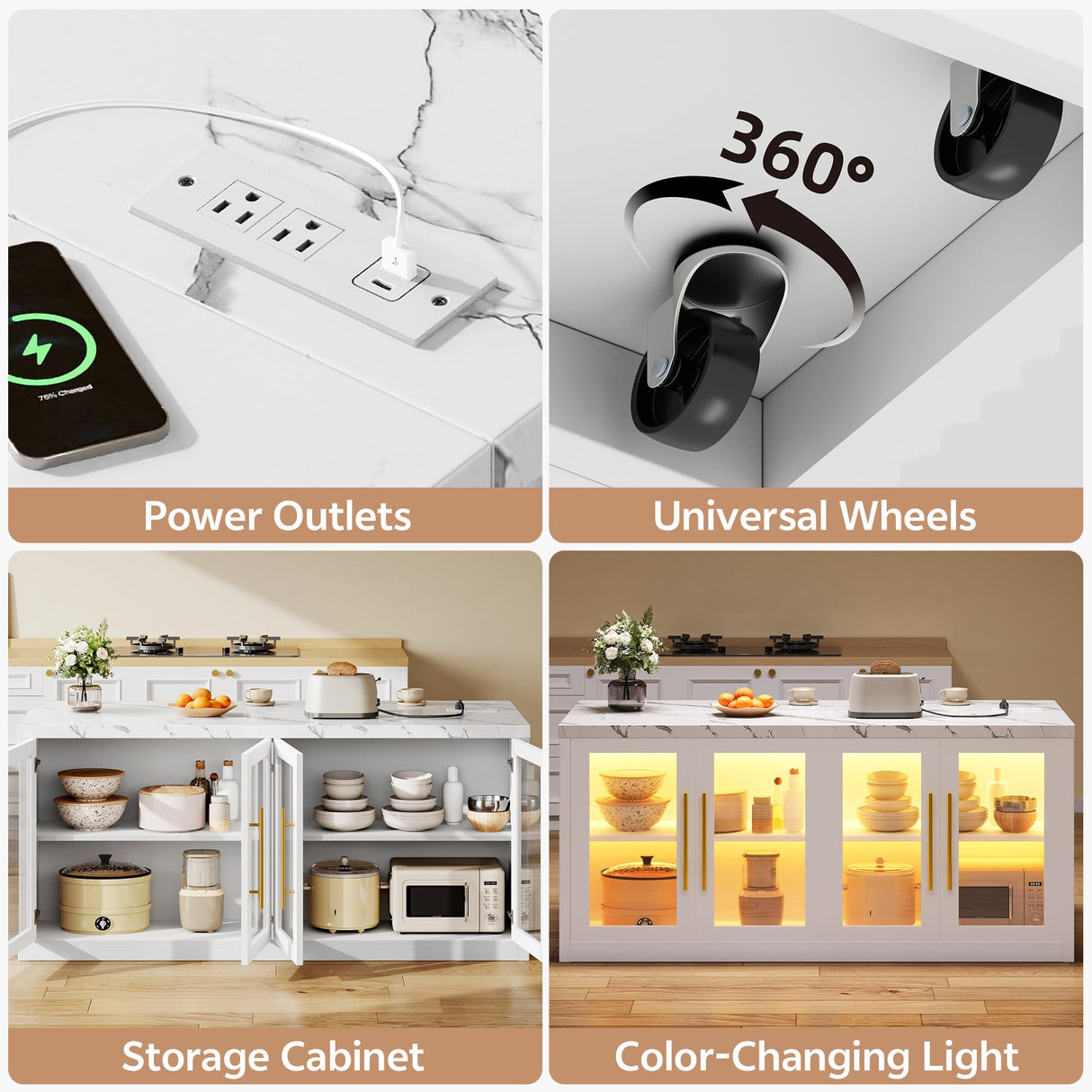 Homiflex Kitchen Island with Storage, 57" W Large Island Table with Seating/LED Light for Dining Room, Kitchen Carts on Wheels Breakfast Bar Table w/Power Outlet, White Homiflex