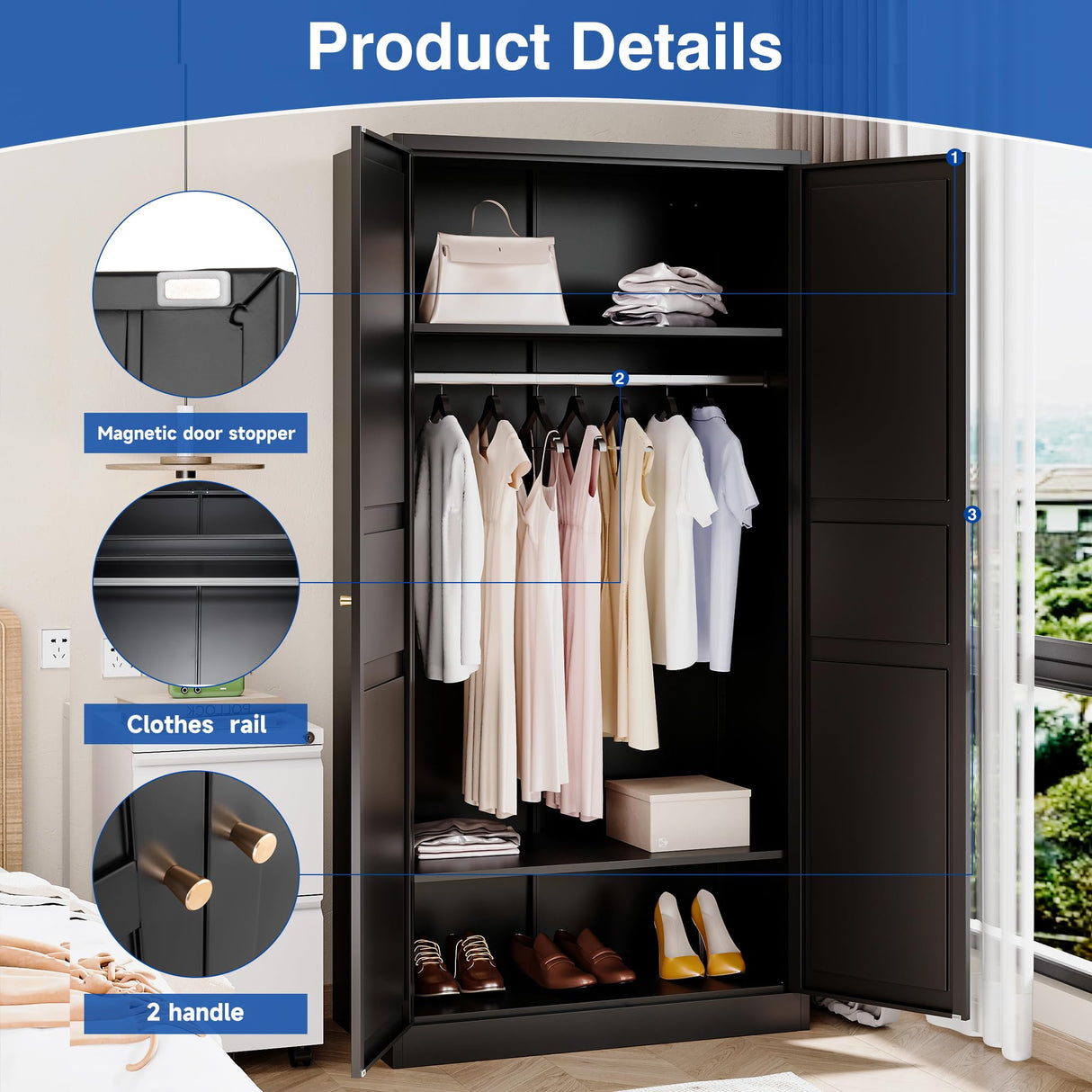 BYNSOE Metal Armoire Wardrobe Closet with 2 Doors 72'' Wardrobe Cabinet with Hanging Rail Metal Closet with Adjustable Shelves for Bedroom Require Assembly (Black, 72inch) BYNSOE