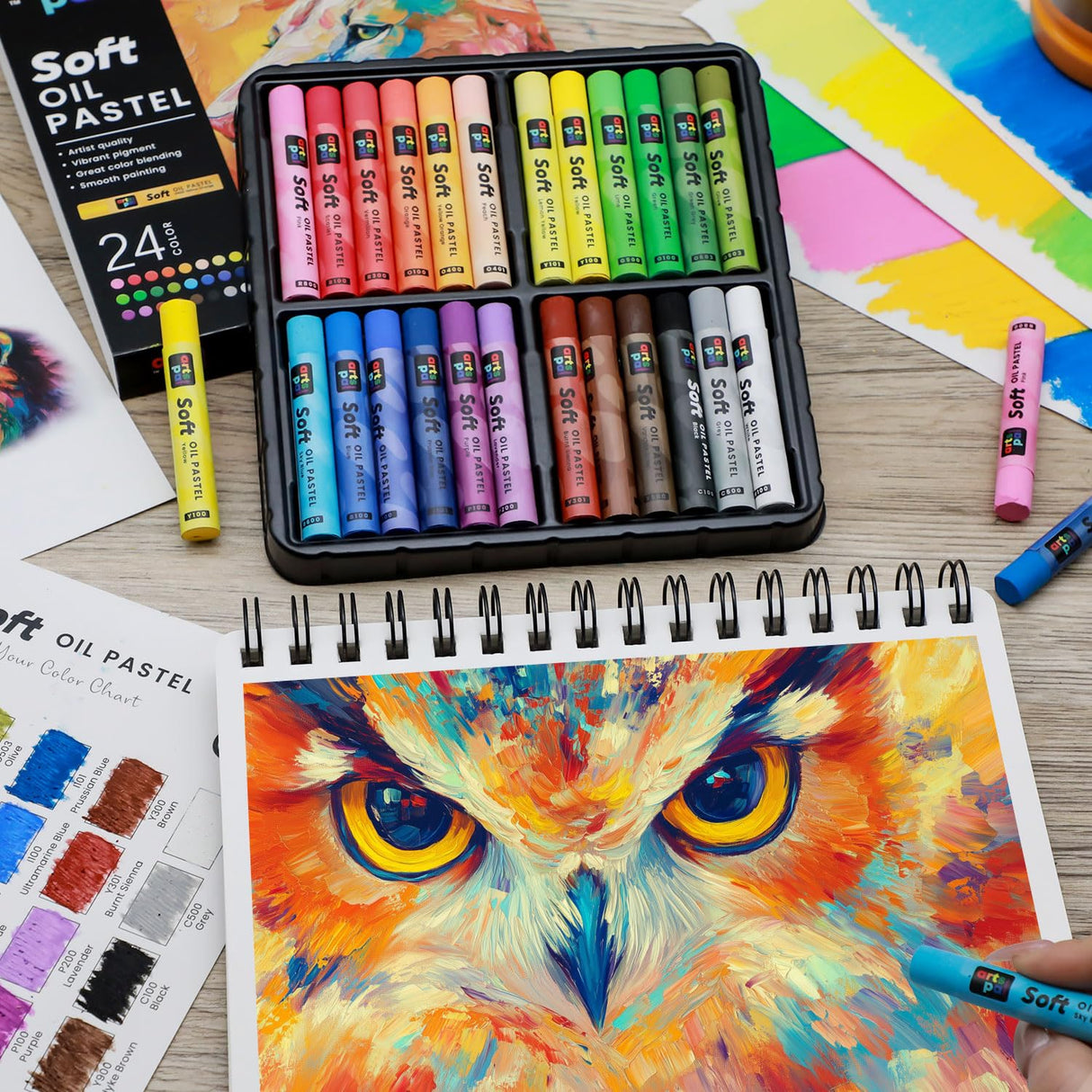 Artspal Soft Oil Pastels Set, 24 Vibrant Colors, Oil Pastel Crayons for Artists, Beginners, Teachers, Students, Great Blending and Layering for Art Supplies, Art Painting, Drawing (10 x 70 mm) Arts Pal