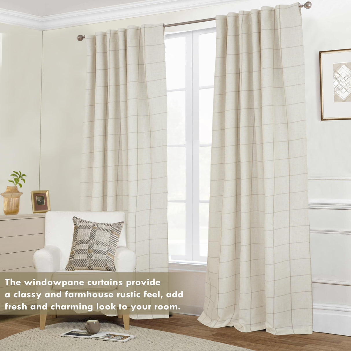 DriftAway 2 Panels 100% Blackout Windowpane Plaid Linen Curtains Double Layer Drapes for Bedroom 84 Inches Long Farmhouse Thermal Insulated 3.25 Inch Rod Pocket Back Tab for Living Room Taupe DriftAway