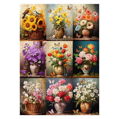 Vintage Flowers Puzzles for Adults 1000 Pieces, Sunflower Rose Flower Collage Jigsaw Puzzles, Retro Art Painting Butterfly Plant Puzzle as Floral Decor
