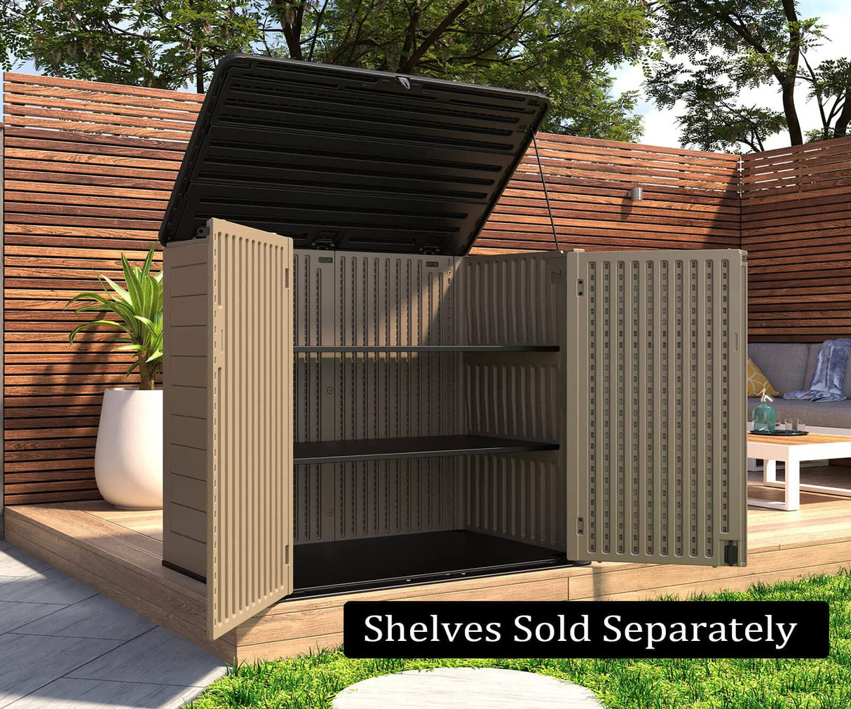 HOMSPARK Storage Shed Weather Resistance, Multi-Purpose Outdoor Storage Cabinet for Backyards and Patios, Horizontal Storage Shed for Lawnmower, Patio Accessories (Coffee, X Large - 48 cu.ft) HOMSPARK