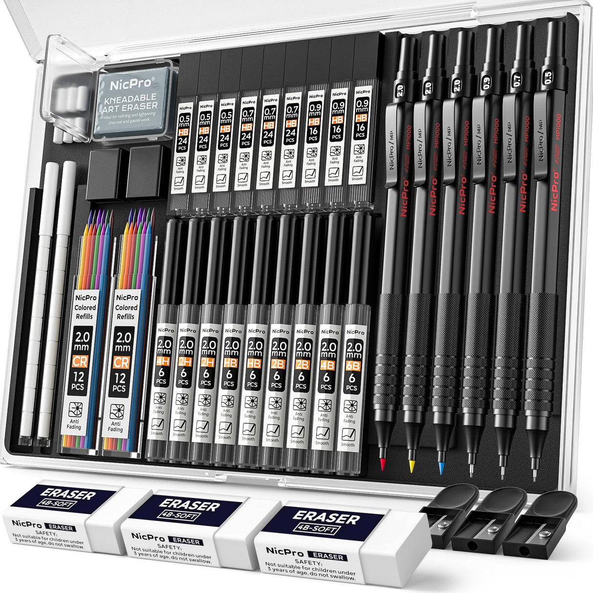 Nicpro 35PCS Black Metal Mechanical Pencils Set in Case, Art Drafting Pencil 0.5, 0.7, 0.9 mm & 3PCS 2mm Graphite Lead Holder for Drawing Sketching With 20 Tube Lead Refills(6B 4B 2B HB 2H 4H Colors) Nicpro