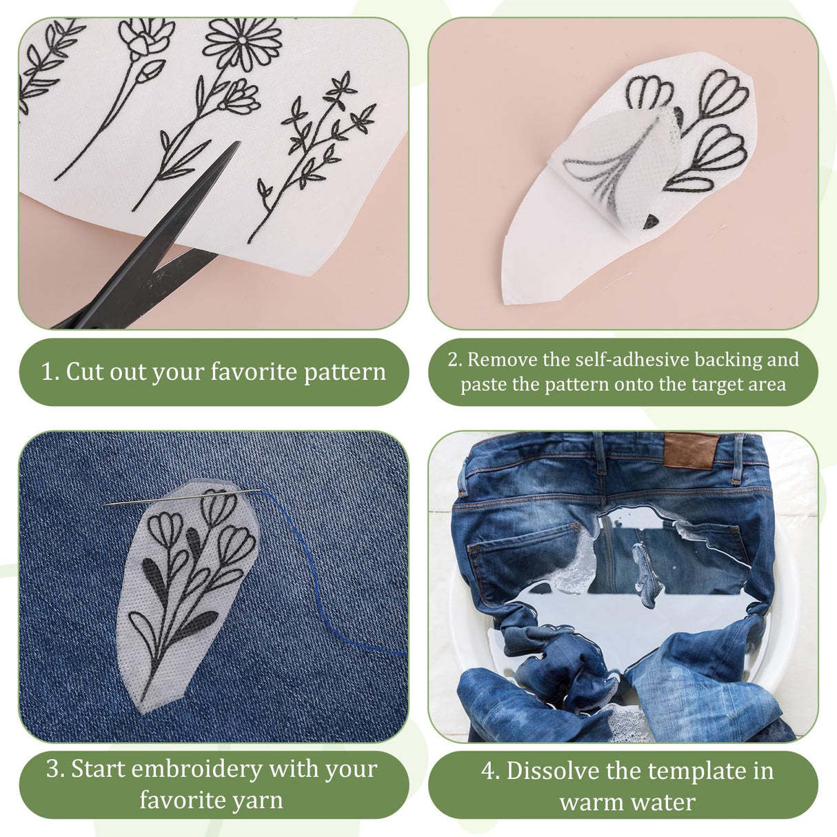 JIYIN 3 Sheets of Water Soluble Embroidery Stabilizers, A4 Water Soluble Stabilizer for Embroidery Patterns, Adhesive Daisy Leaves Butterfly Embroidered Transfer Paper Washable for Hand Sewing JIYIN