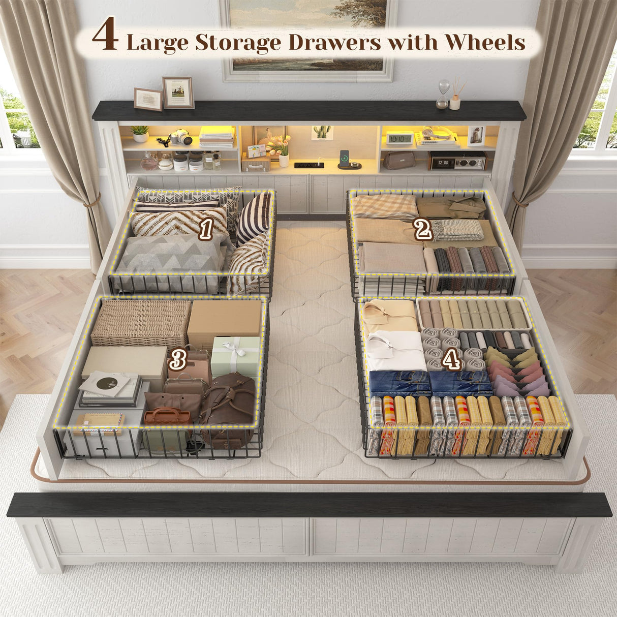 EnHomee King Bed Frame with Headboard and Storage, 4 Drawers & LED & USB King Bed Frame with Storage Farmhouse King Size Bed Frame Built in Charging Station,NO Noise,No Box Spring Needed,White EnHomee