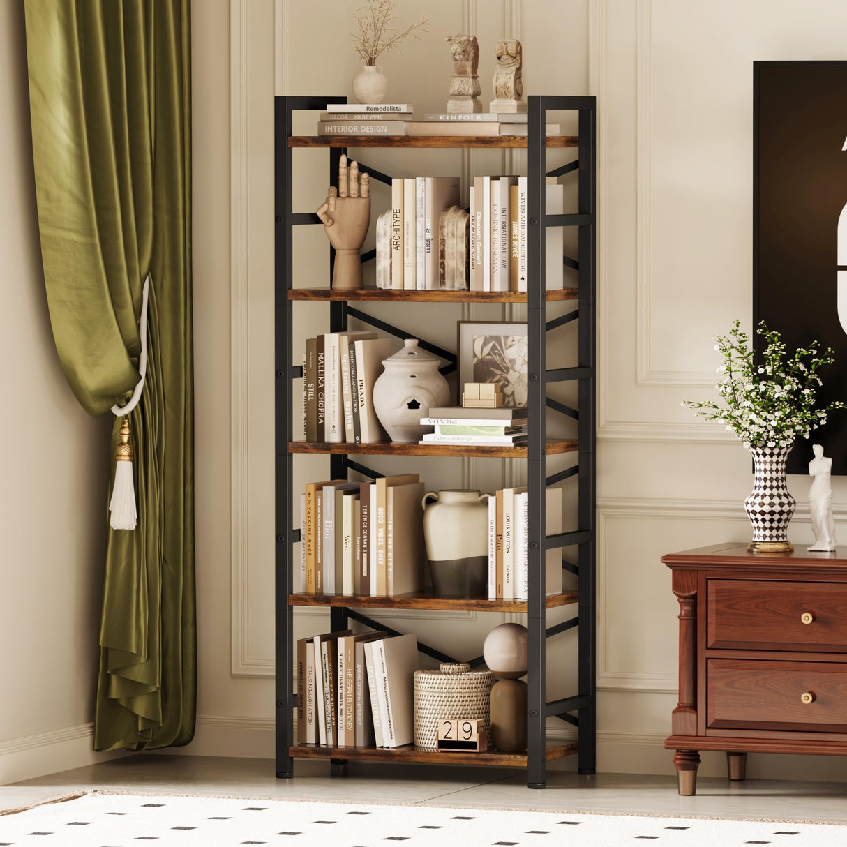 Organization and Storage, 5 Tier Bookshelf, Tall Bookcase with Shelves, Wood and Metal Book Shelf Storage Organizer, Industrial Display Standing Shelf Unit for Bedroom, Living Room, Rustic Brown Homeiju