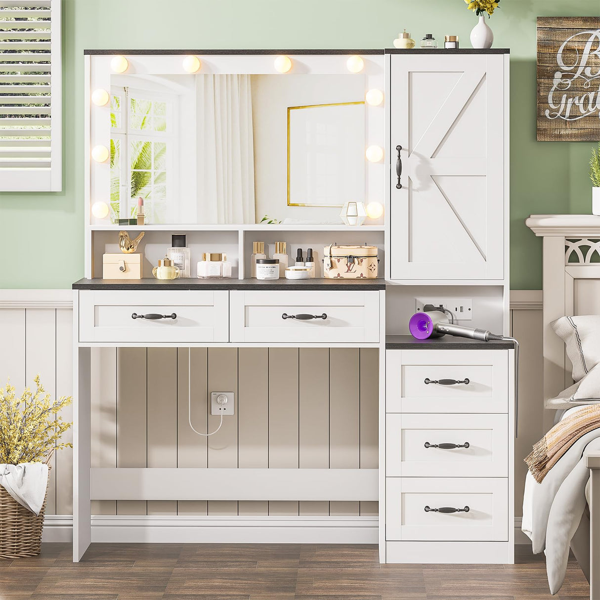 DDONGMM Farmhouse Vanity Desk Makeup Table with Mirror and 10 Lights, 45.3" Large Vanity Desk with Power Outlet, 5 Drawers, 1 Cabinet & 9 Jewelry Hooks, Dressing Table for Women Girls White & Black DDONGMM