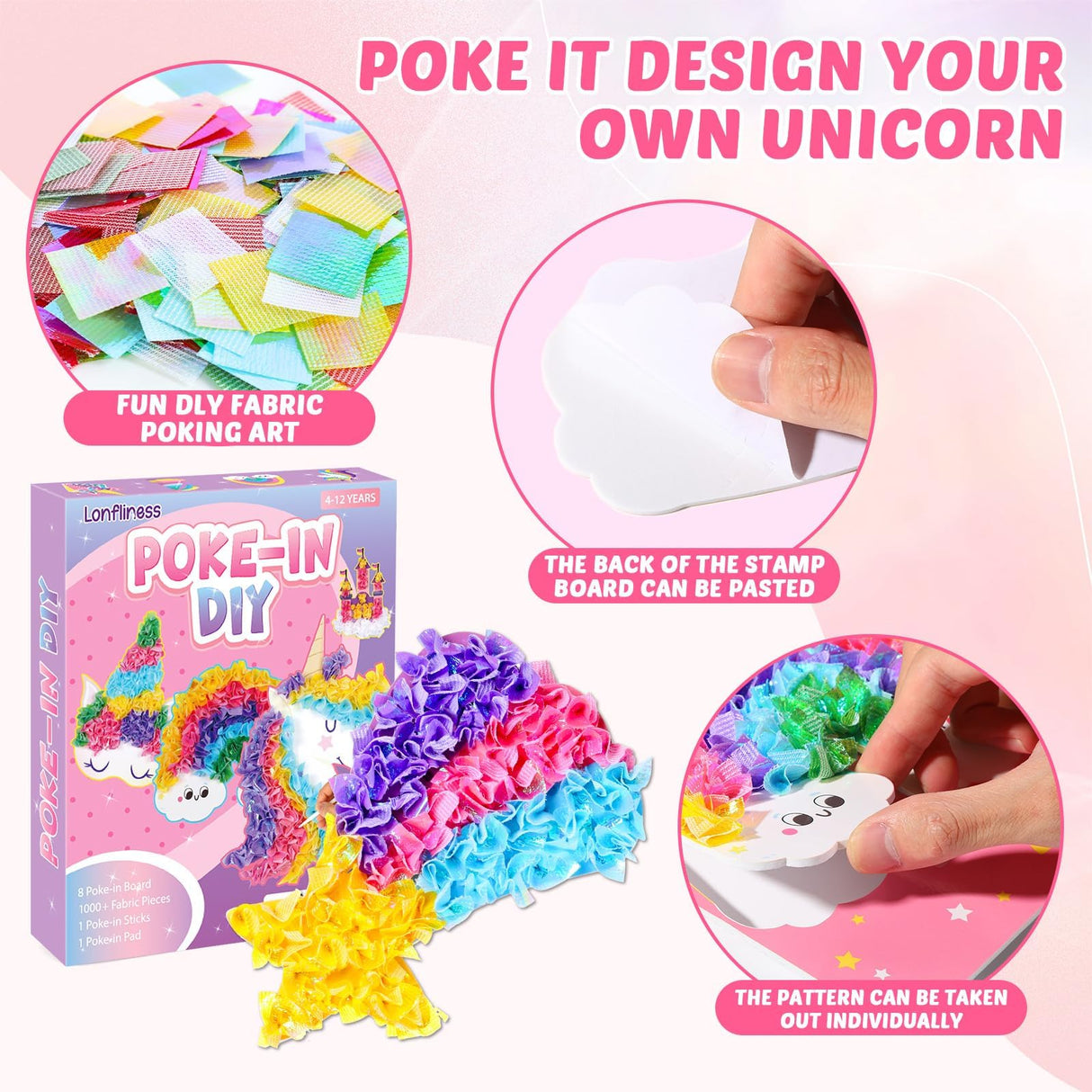 Lonfliness 8PCS Poke-in Craft and Art Kit for Kid Unicorn Theme No-Mess Fabric Sewing Art Girls Boys 4-12 Puzzle Puncture Painting DIY Pastel Rainbow Toy Gift for Creative Activity Game Birthday Party Lonfliness