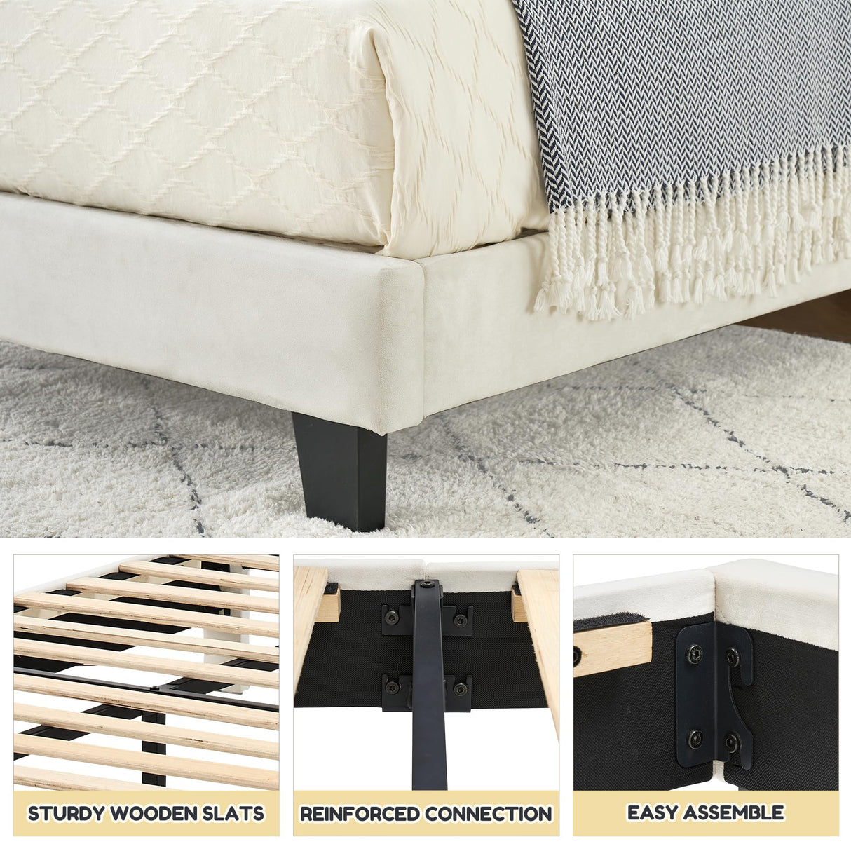 coucheta Twin Size Bed Frame with Velvet Upholstered, Metal Platform Bed Frame with Headboard for Girl Wooden Slats Support, No Box Spring Needed/Noise-Free/Easy Assembly, Beige coucheta