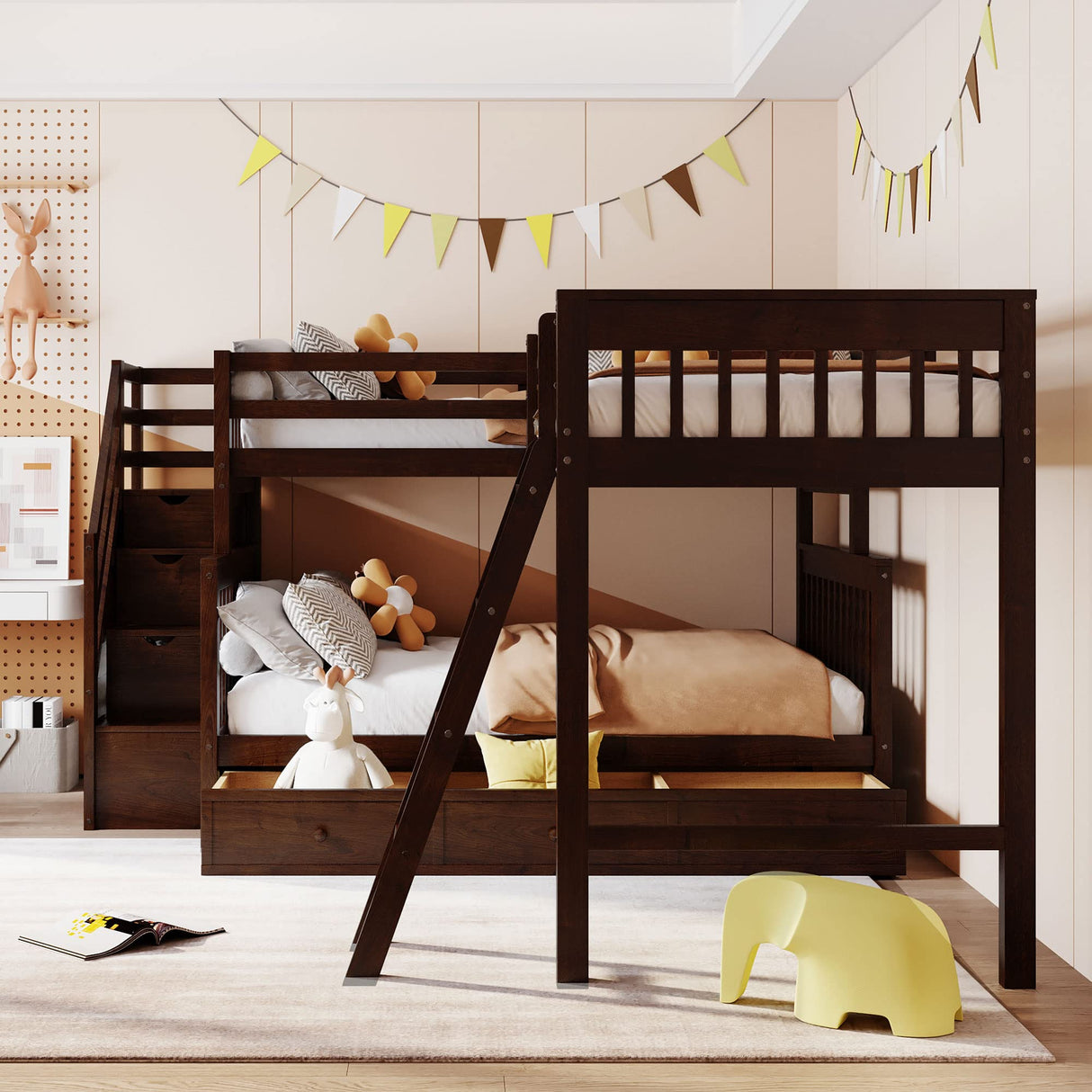 Espresso L Shaped Triple Bunk Bed with Stairs & Storage for Kids, Teens, and Adults - Twin Over Full Design Harper & Bright Designs