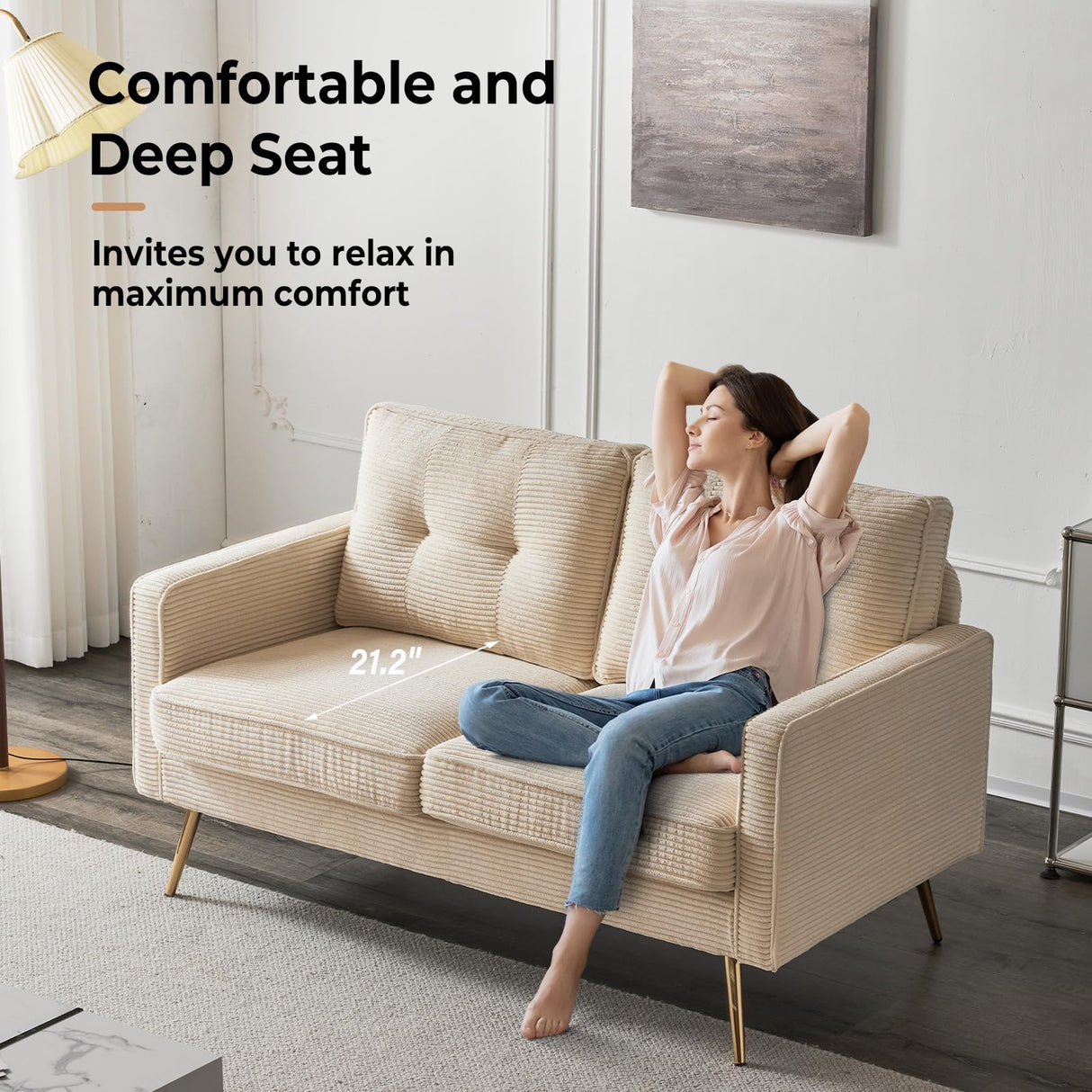 VINGLI 56" Modern Beige Loveseat,Small Corduroy Sofa Couch Deep Seat for Living Room,2-Seater Loveseat Sofa for Bedroom,Apartment,Office,Dorm,Small Space VINGLI