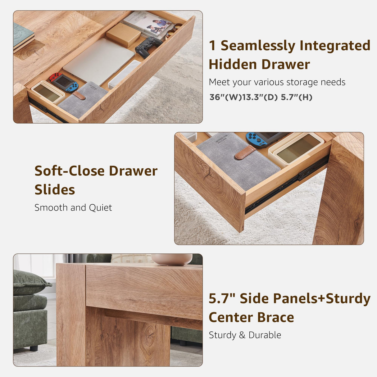 OKD 48" Modern Farmhouse Coffee Table, Wooden Living Room Table with Hidden Storage Drawer, Rustic Rectangular Center Tables w/Wood Thick Design for Living Room, Office, Light Knotty Wood OKD