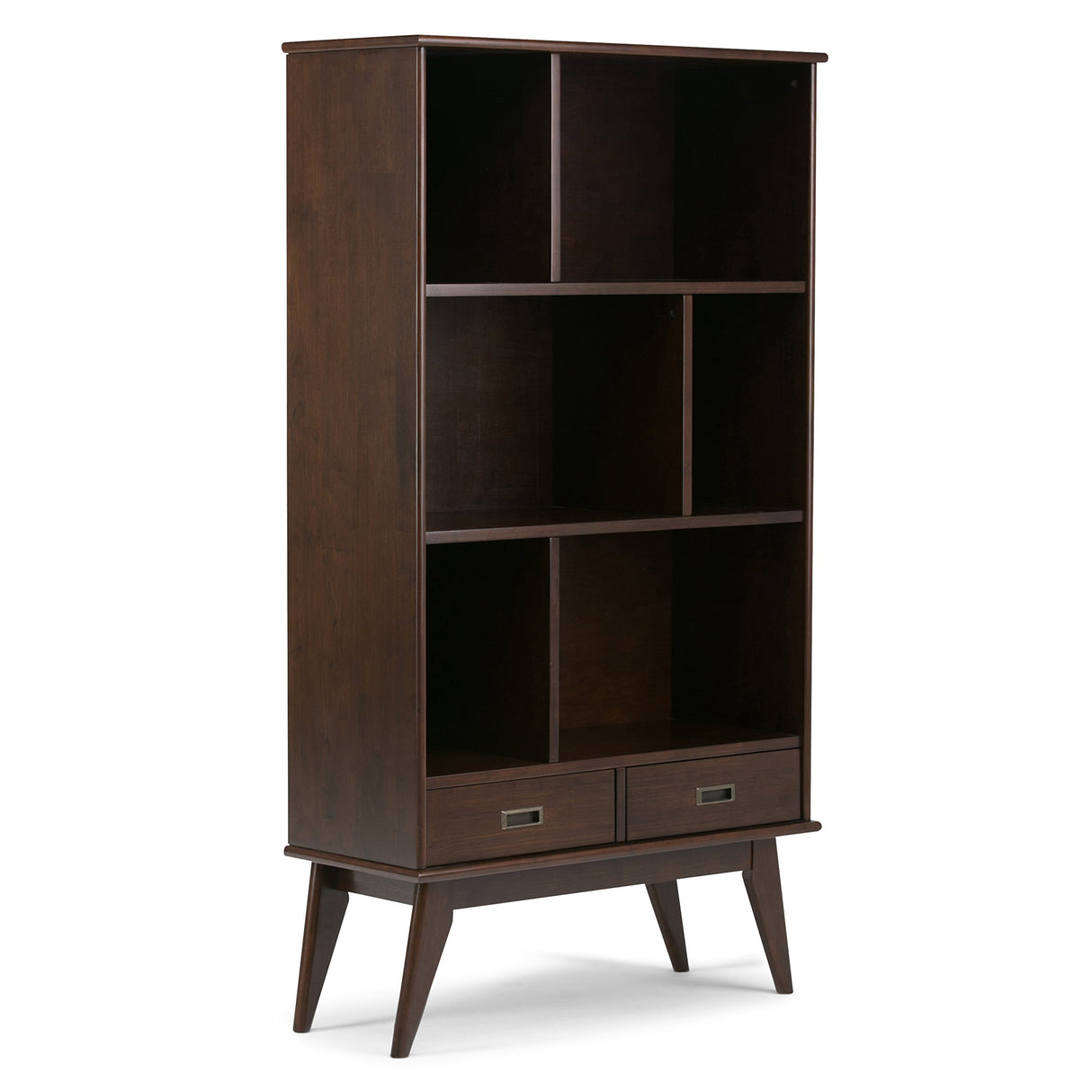 SIMPLIHOME Draper Bookcase - 64 inch Tall Solid Hardwood Wide Storage Bookshelf in Medium Auburn Brown, Mid-Century Modern Storage for Living Room or Office with Adjustable Shelves and Tapered Legs SIMPLIHOME