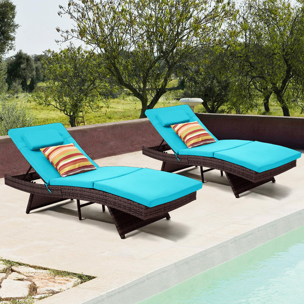 Sundale Outdoor Wicker Chaise Lounge Chair Set of 2, Rattan Patio Lounge Chairs for Outside, Adjustable Recliner with Cushions & Pillows for Deck, Indoor, Yard - Steel, Aruba Sundale Outdoor
