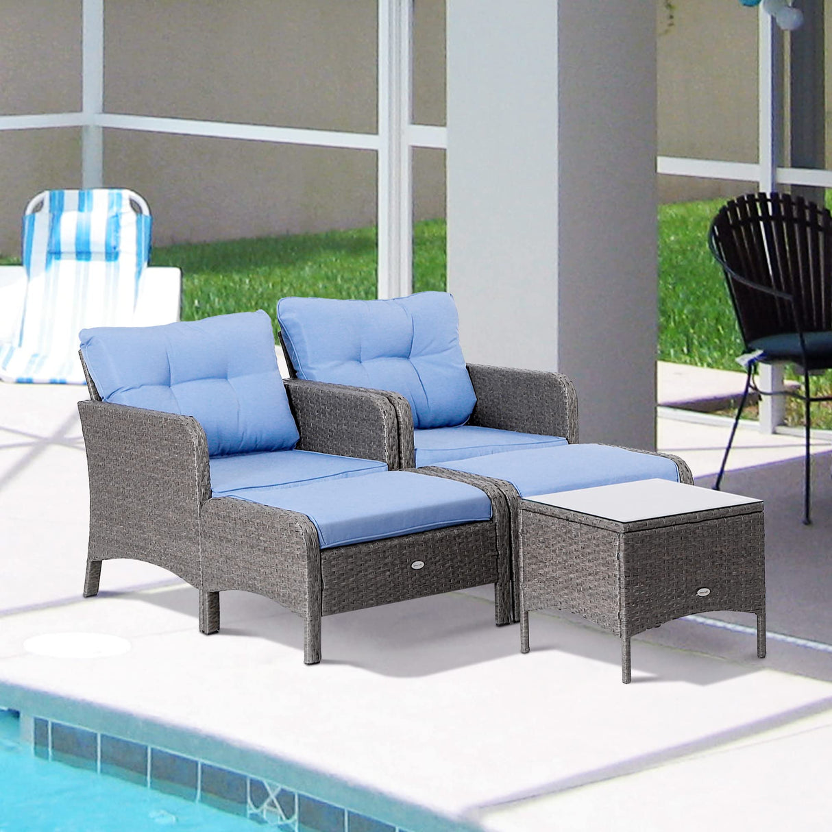 Outsunny 5 Pieces Rattan Wicker Lounge Chair Outdoor Patio Conversation Set with 2 Cushioned Chairs, 2 Ottomans and Tempered Glass Top Coffee Table, Blue Outsunny