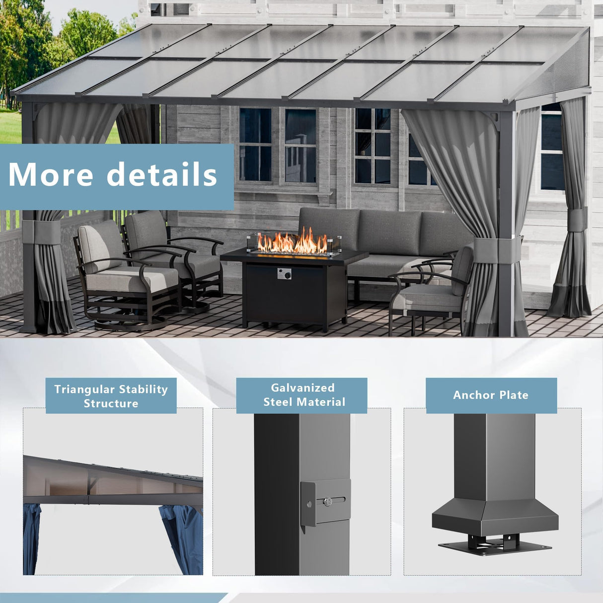 ALAULM 10'x 14' Outdoor Hardtop Pergola,Wall Mounted Lean to Gazebo with Curtains and Netting,Galvanized Metal Frame,Sunshade for Patio, Backyard, Deck and Lawns-Gray ALAULM