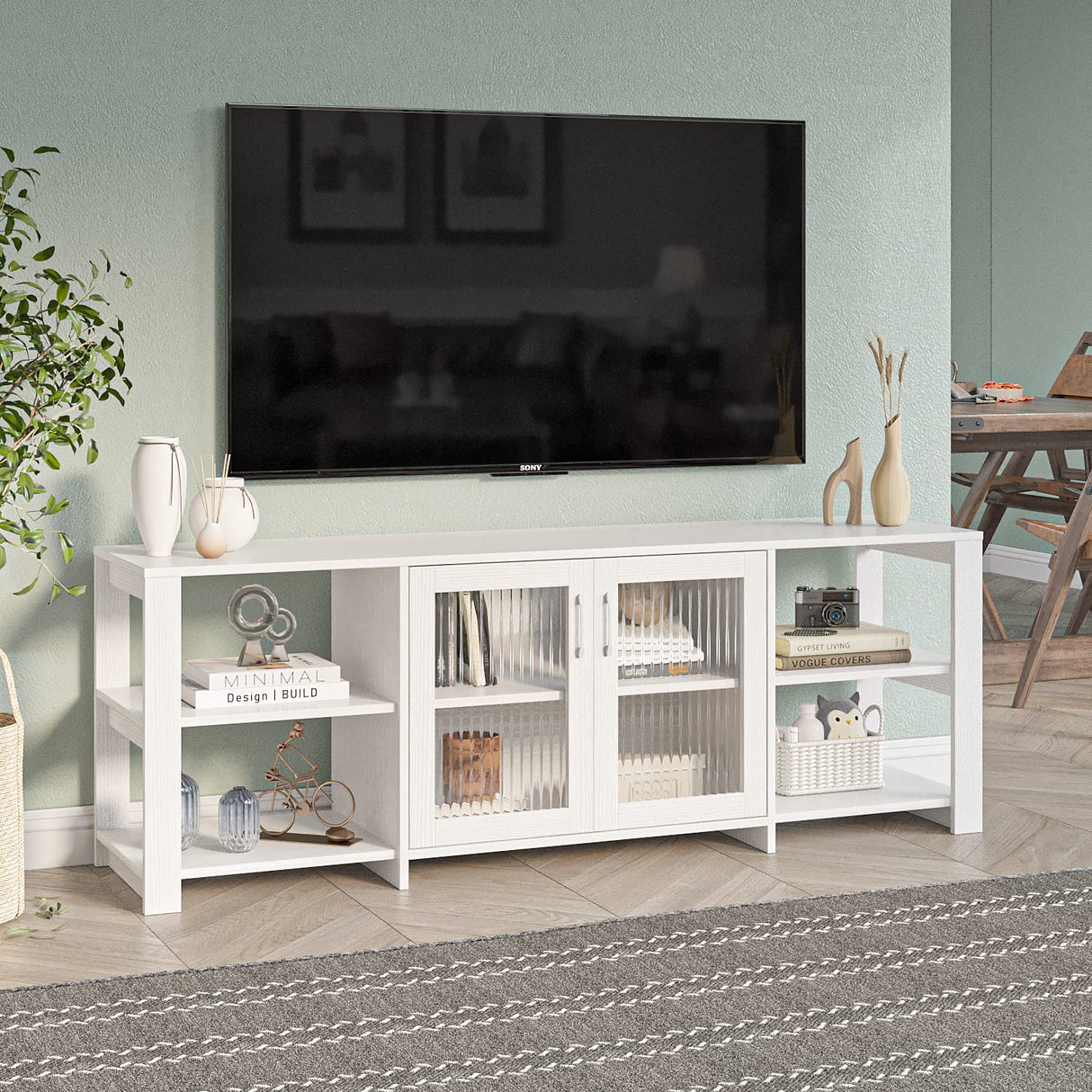 Panana TV Stand Television Stands Cabinet with 2 Doors 4 Open Cubby Storage Cabinets for Living Room Bedroom for TVs up to 70 Inches (White, 62.99 inch) Panana