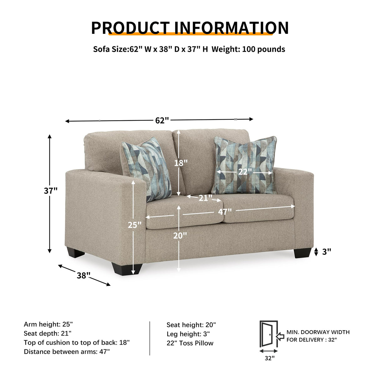 Signature Design by Ashley Deltona Contemporary Loveseat with 2 Accent Pillows, Beige Signature Design by Ashley