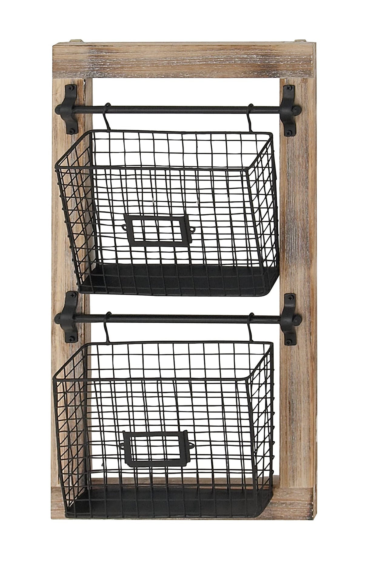 Deco 79 Wood Rectangle Magazine Rack Holder with Suspended Baskets and Label Slot, 14" x 4" x 25", Black Deco 79