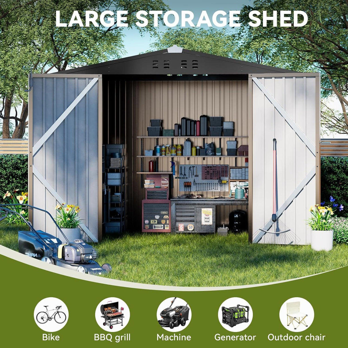 COMHOMA Shed Outdoor Storage Shed Metal,Lockable Doors Tool Sheds with Sloping Roof,Steel Garden Shed with Air Vent for Backyard,Patio,Lawn,Poolside (Brown, 8'*6') COMHOMA