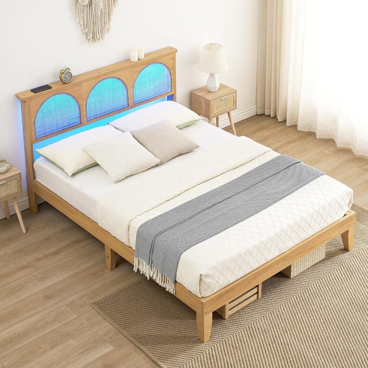 IDEALHOUSE LED Queen Bed Frame with Rattan Headboard and Underbed Storage IDEALHOUSE
