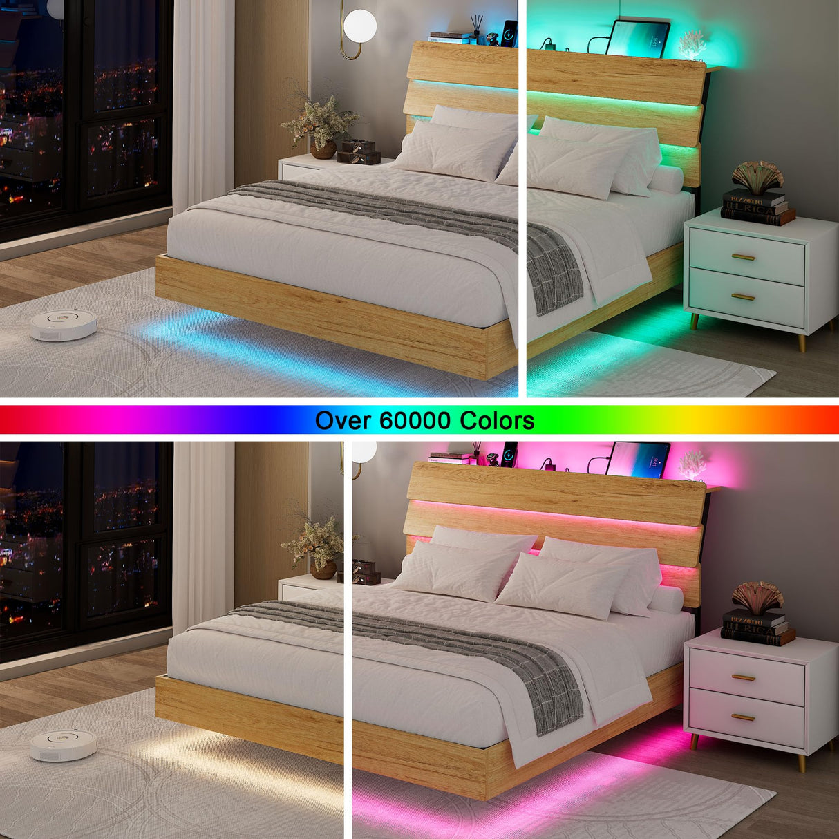 Feonase Floating Bed Frame Queen with Led Lights and Charging Station, Wood Full Size Bed Frame with Storage Headboard, Heavy Duty Metal Slats, No Box Spring Needed, Easy Assembly,Oak Feonase