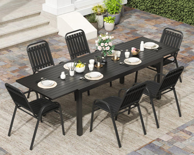 PIZZELLO 7 Pieces Outdoor Dining Set, 106" Aluminum Extendable Patio Dining Table w/ 6Pcs Stackable Patio Chairs, All Weather Outdoor Table and Chairs Sets for Backyard, Garden, Deck and Poolside