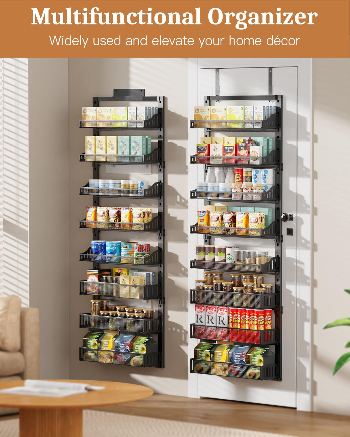 POKIPO 8-Tier Over the Door Pantry Organizer, Large Metal Door Spice Rack with Adjustable Basket, 2 in 1 Wall Mount or Hanging Heavy-Duty Pantry Door Storage Shelf for Kitchen and Bathroom, Black POKIPO