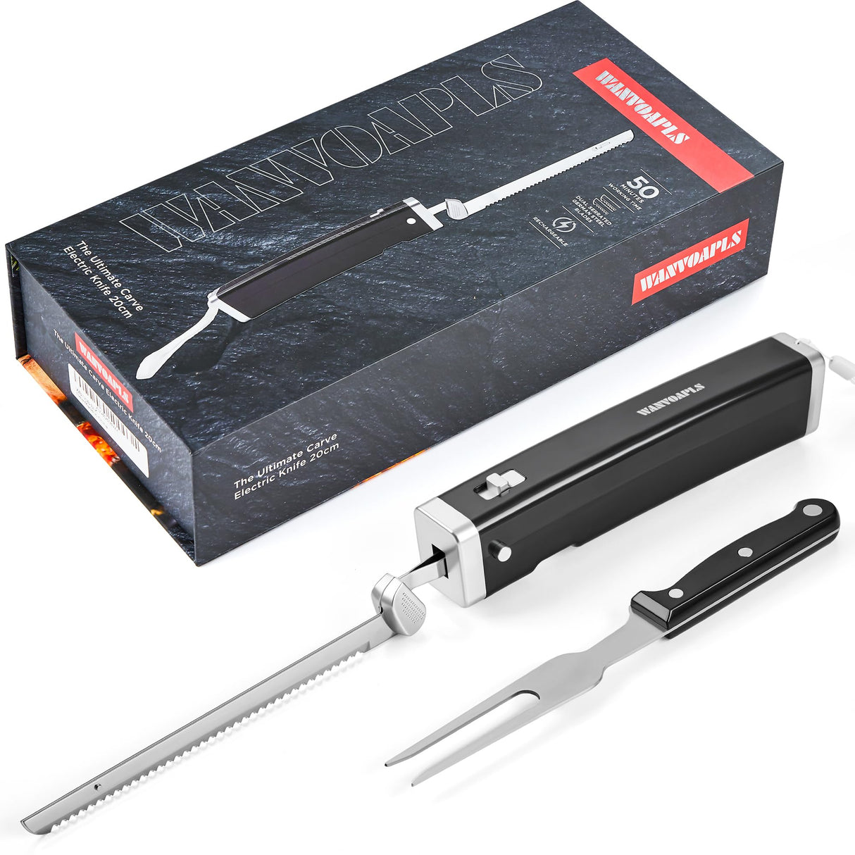 Cordless Electric Knife Set - Rechargeable Carving Knife with Safety Lock, Black Ergonomic Handle with Knives and Forks, for Meat, Bread, Brisket Slicing, Thanksgiving and Christmas Gifts Wanvoapls