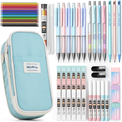Nicpro 45PCS Aesthetic School Supplies with Pencil Case, Mechanical Pencils 0.5mm, 0.7mm, 0.9mm & 2.0mm with 498 PCS Refills, Cute Mechanical Pencil Set for Writing, Drawing & Drafting (Blue)