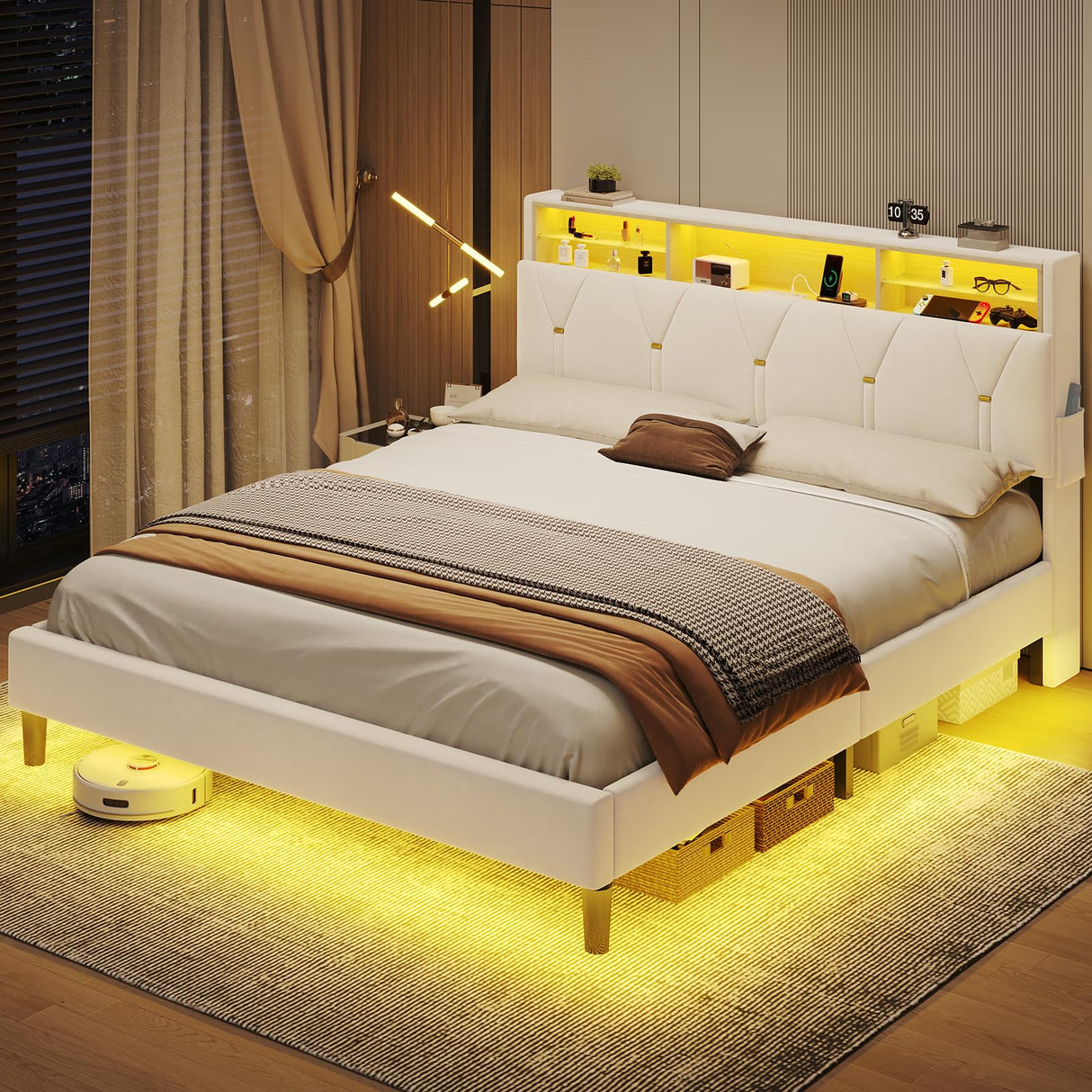 BTHFST Creamy White Velvet Queen Bed Frame with LED Lights & Charging Station BTHFST