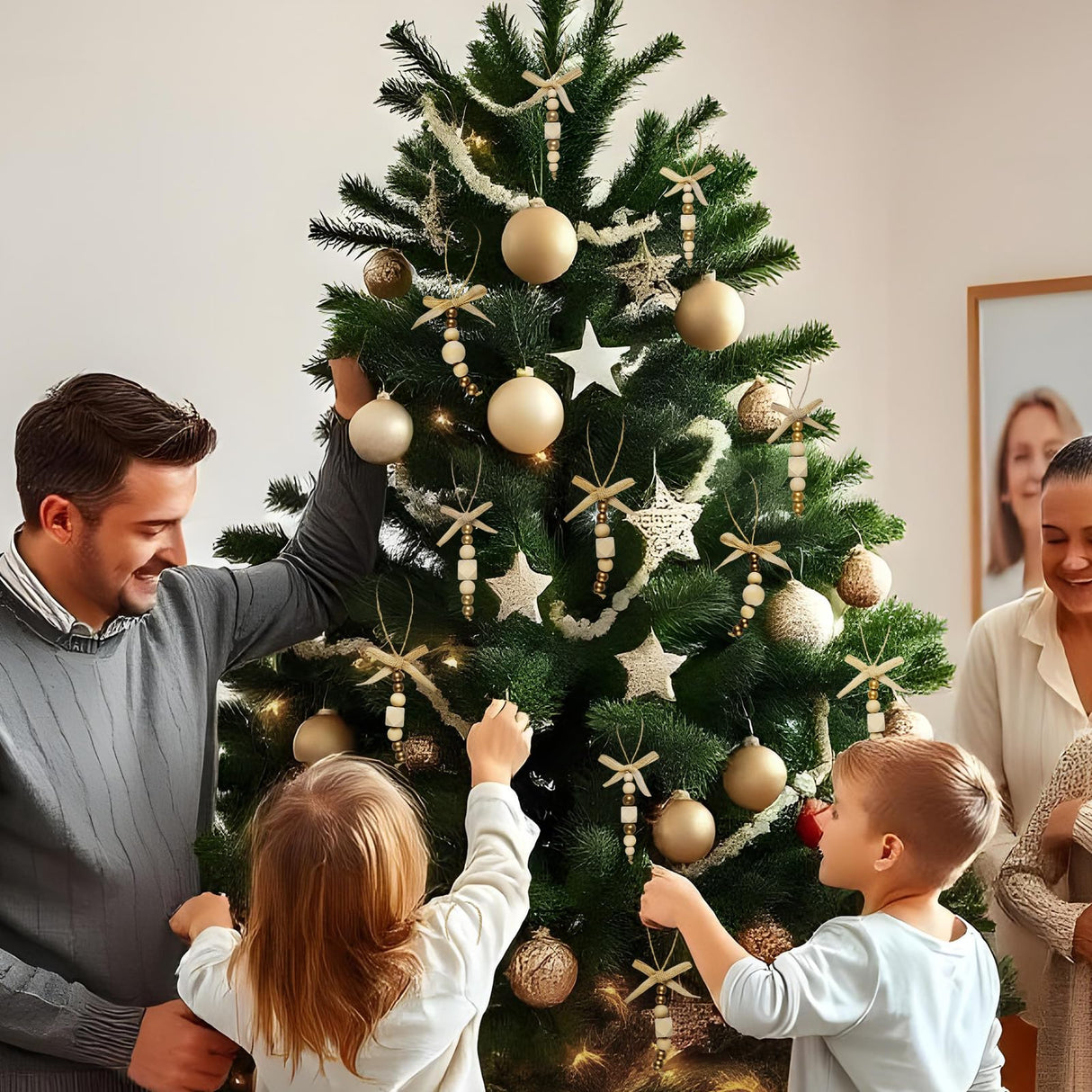 OurWarm 24Pcs Wooden Beads Christmas Tree Ornaments Wood Beads, Boho Christmas Decor Christmas Tree Beads with Gold Beads & Bowknot, Farmhouse Christmas Tree Decorations for Christmas Tree Decor OurWarm