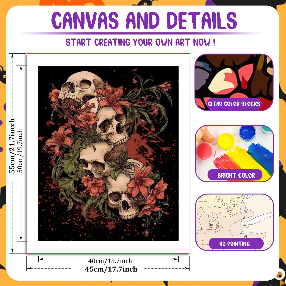 Skull Paint by Numbers Kit for Adults, Skull Paint by Numbers Kit for Adults Beginner, Skeleton Paint by Number Kits for Gift Home Decor 16''W x 20''L hkejoi