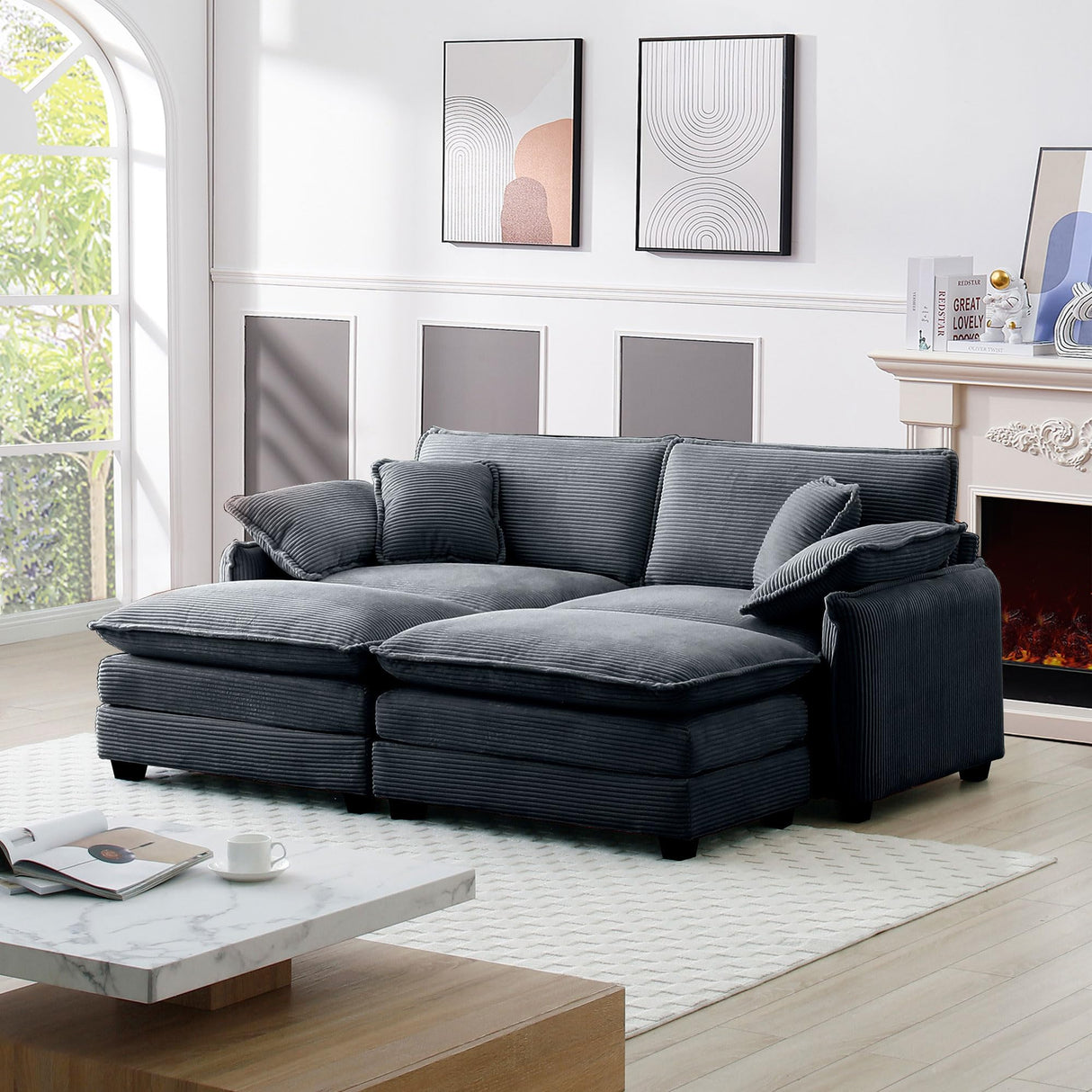 Qupeife Modular Sectional Sofa with 2 Ottoman, Cloud Couch Sectional 4 Seat Sofa, Small Sectional Couch for Living Room (Grey, Loveseat with 2 Ottomans) Qupeife