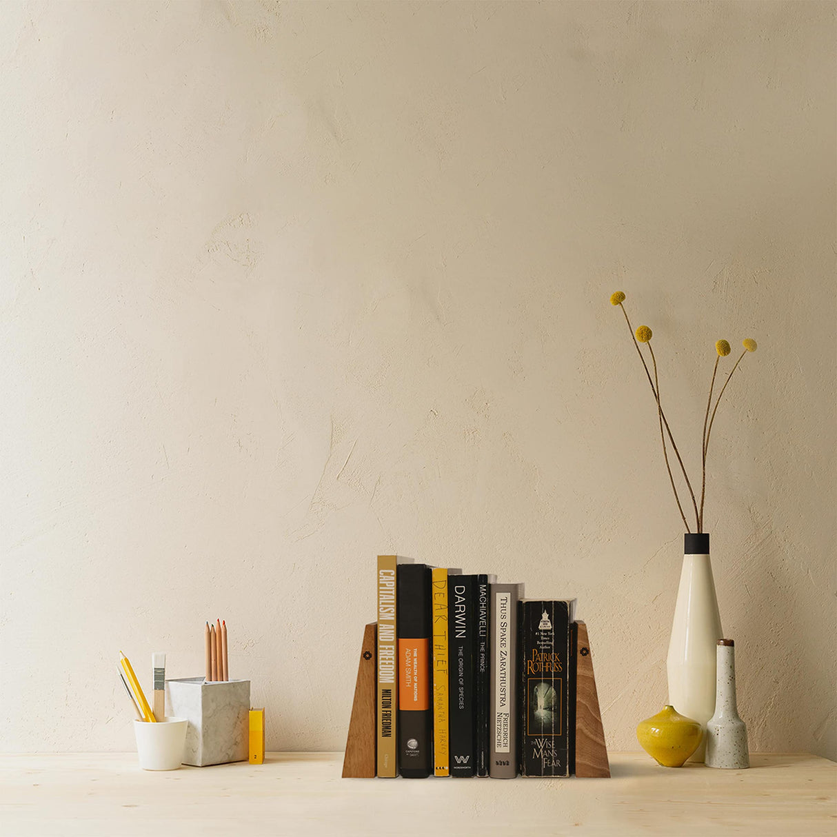 TILISMA Book Ends for Shelves - Handmade Wooden Bookends with Metal Base, Walnut Tree - Sturdy Book Holders for Heavy Books - Fancy Modern Decorative Book Accessories to Hold Books Firmly on Bookshelf TILISMA