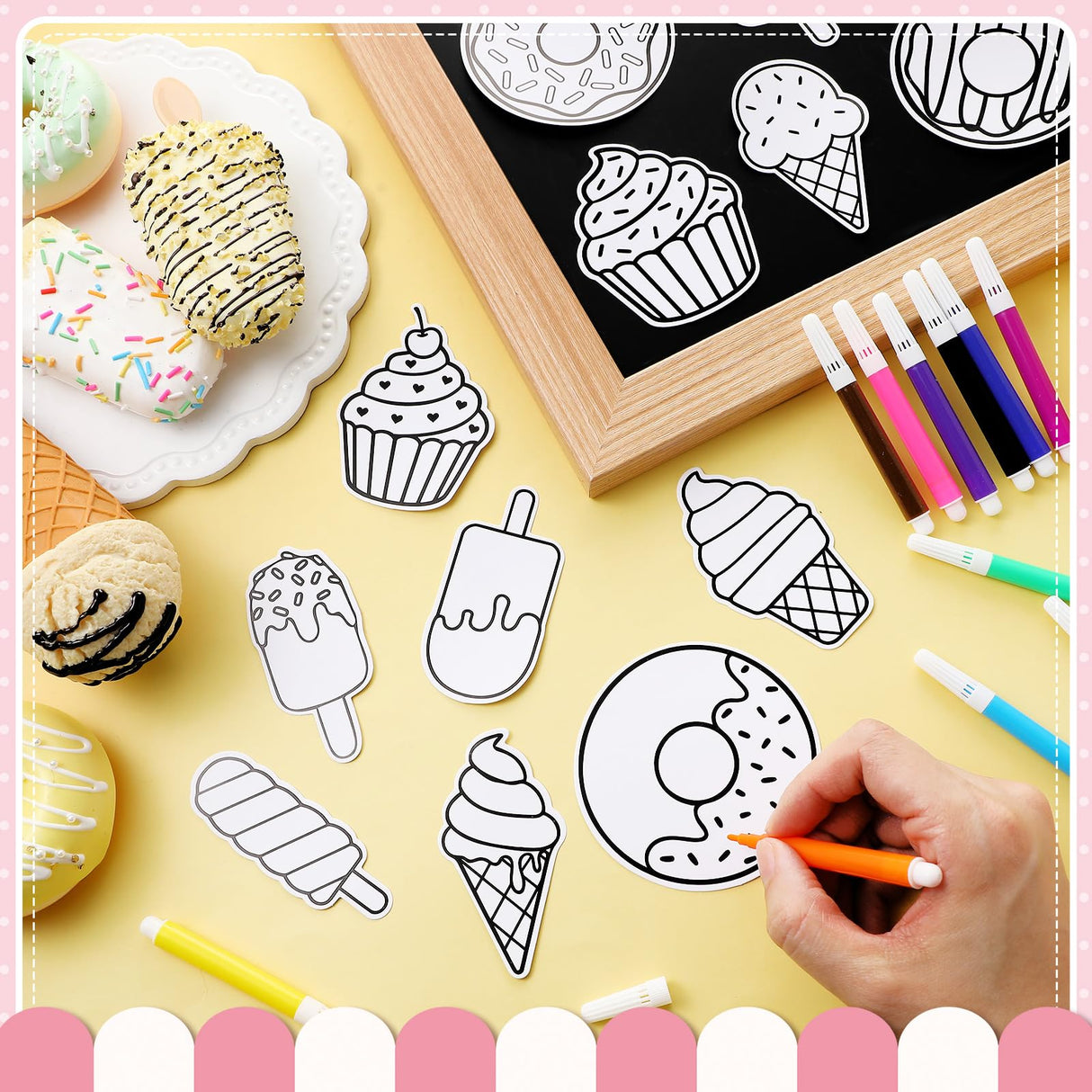Motipuns 48 Sets Summer Dessert Arts Crafts Coloring Magnets Kits for Fridge Kids Color Your Own Ice Cream Donut Cupcake DIY Magnetic Sweet Treat Crafts for Home Classroom Party Activities Motipuns