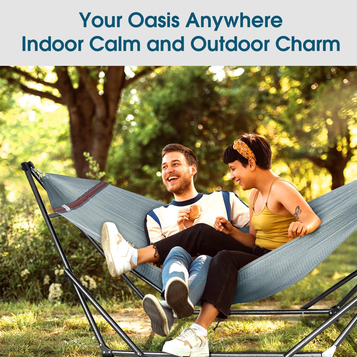 Tranquillo Adjustable Hammock Stand 600 lbs Capacity, Collapsible Camping Hammock and Stand, Double Hammock with Stand for 2 Persons, Quick & Easy Assembly Garden Yard Patio Lawn, Grey Tranquillo