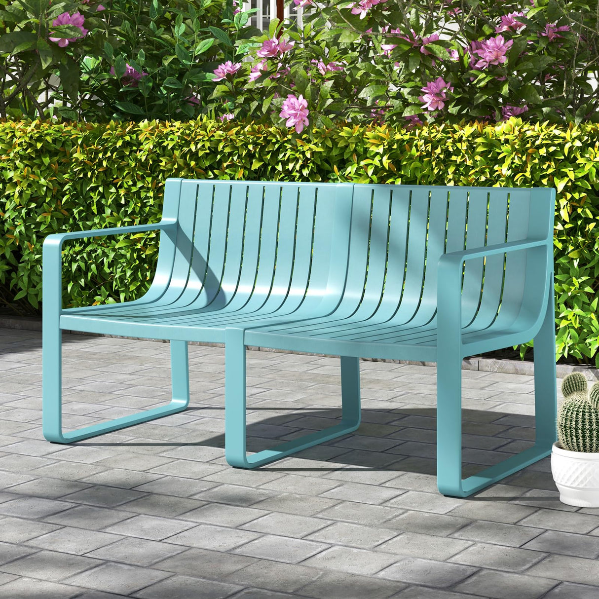 Tangkula Patio Loveseat, Weather-Resistant Plastic 2-Person Bench with Curved Backrest, Outdoor Conversation Furniture with Slatted Design for Patio, Poolside, Backyard, Garden, Deck, Lawn (Blue) Tangkula