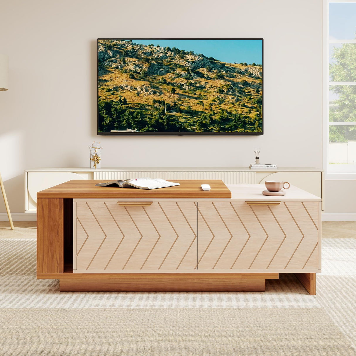 Aivermeil 42"- 65" Extendable Coffee Table with Storage, Reversible Wood Coffee Table with 2 Drawers, Two-Tone Large Adjustable Center Table for Living Room, Office (Walnut A) Aivermeil