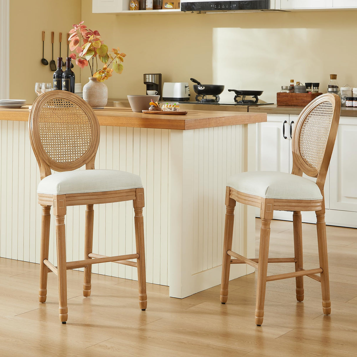 Kiztir French Country Bar Stools Set of 2 Farmhouse Rattan Counter Height Bar Stools with Round Back Upholstered Mid Century Barstools for Kitchen Island, Bar Kiztir