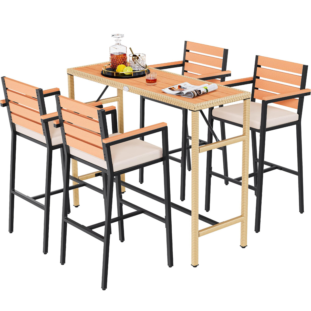 YITAHOME 5-Piece Light Brown Outdoor Wicker Bar Table Set with Chairs for Stylish Patio Dining YITAHOME
