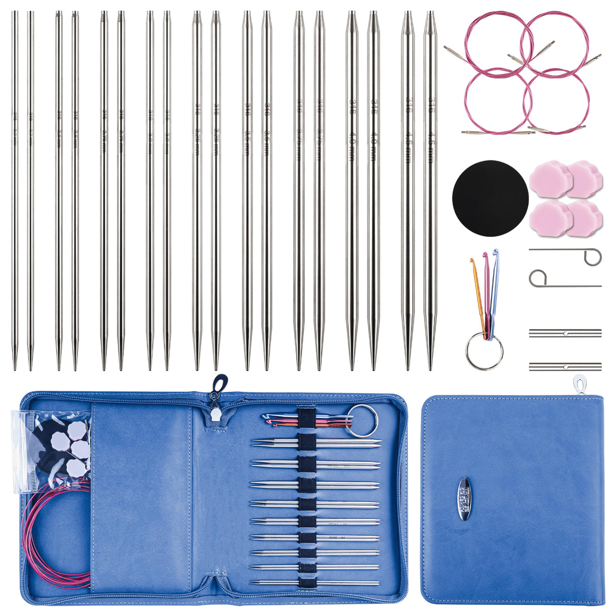 Froggod 4.5-Inch Aluminum Lace Interchangeable Circular Knitting Needle Set, Sizes US 1, 1.5, 2, 2.5, 4, 5, 6, 7 Interchangeable Knitting Needles Lace-Tip with 4 Assorted Cables with Project Bag Froggod