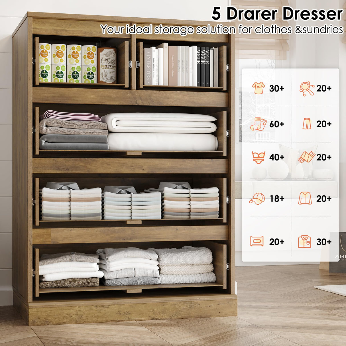 HOSTACK Modern 5 Drawer Dresser for Bedroom, Chest of Drawers with Storage, Wood Storage Chest Organizers with Cut-Out Handles, Accent Storage Cabinet for Living Room, Entryway, Hallway, Rustic Brown HOSTACK