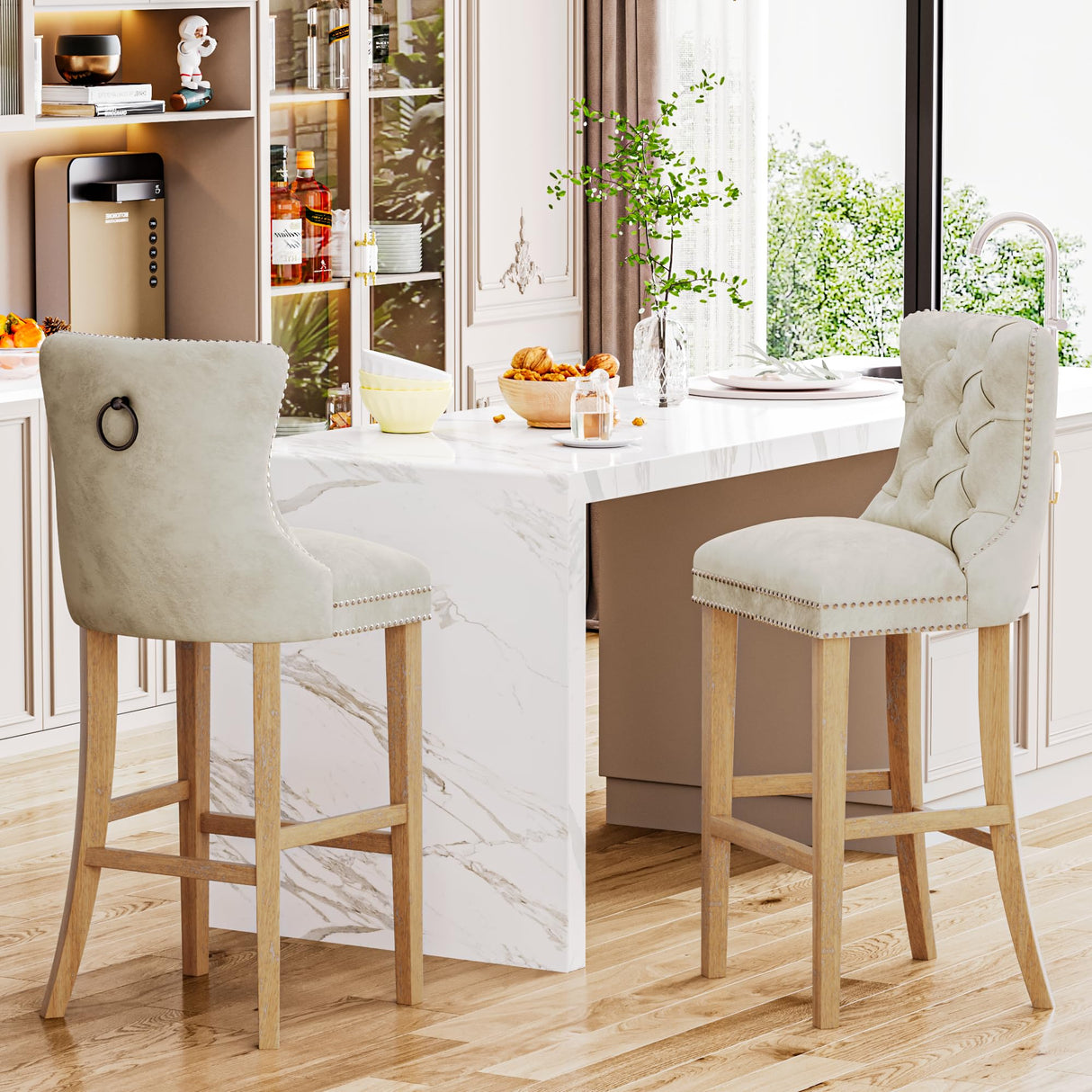 DKLGG 27''H Counter Height Bar Stools Set of 2, Velvet Tufted High Bar Stools with Back and Footrest, Upholstered Bar Tall Chairs for Kitchen Island, Dining Room, Pub(Beige) DKLGG