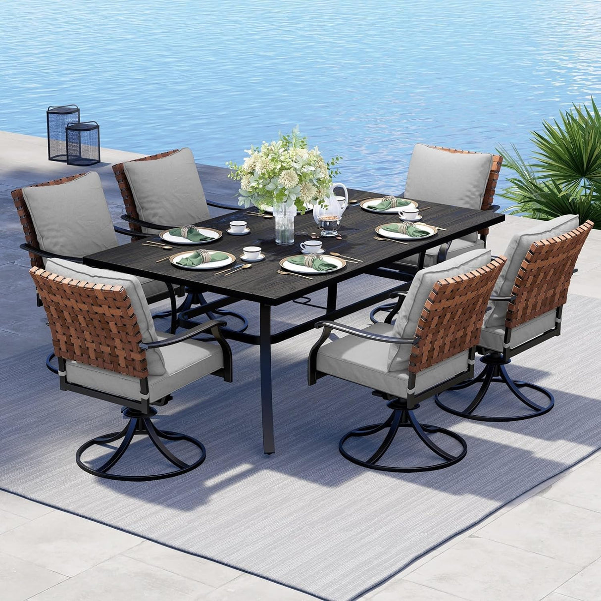 Grand patio 7-Piece Outdoor Dining Set, 6 Leather-Look Wicker Swivel Patio Chairs & 1 Rectangular Dining Table, Black Grand patio